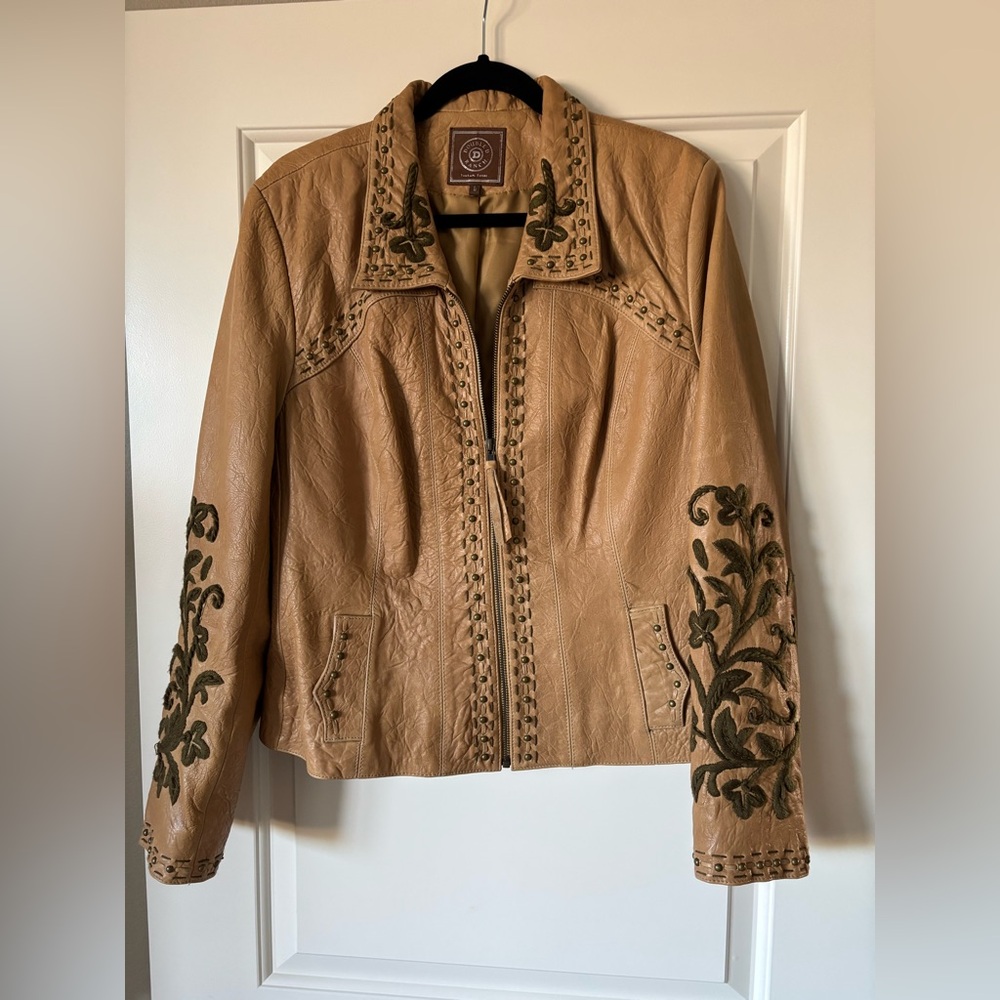 Double D Ranch Tan Leather Jacket with dark green embroidery